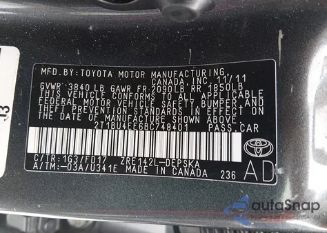 2011 Toyota Corolla S from USA, damaged, VIN 2T1BU4EE6BC748401